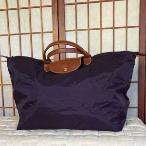 Longchamp Large Le Pliage Aubergine Weekender Bag